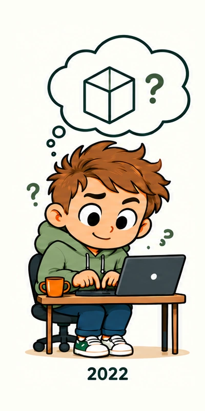 An illustrated Colin working thoughtfully at a laptop, with a cube forming in his thought bubble.