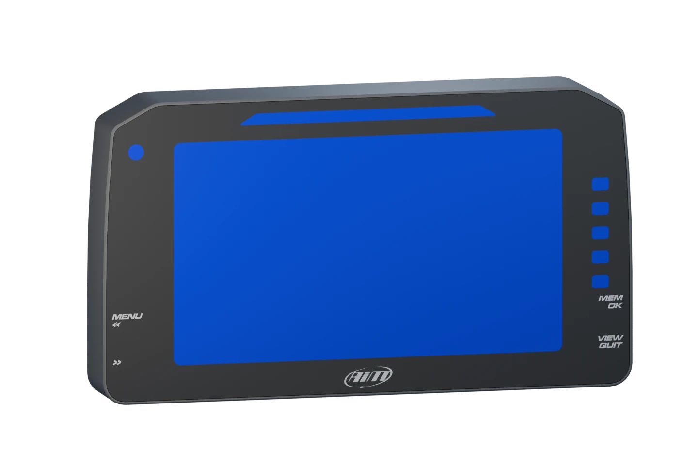 Three-quarter render of the supplied AiM D6 display CAD, with its dark bezel, blank blue screen, buttons, and indicator strip.